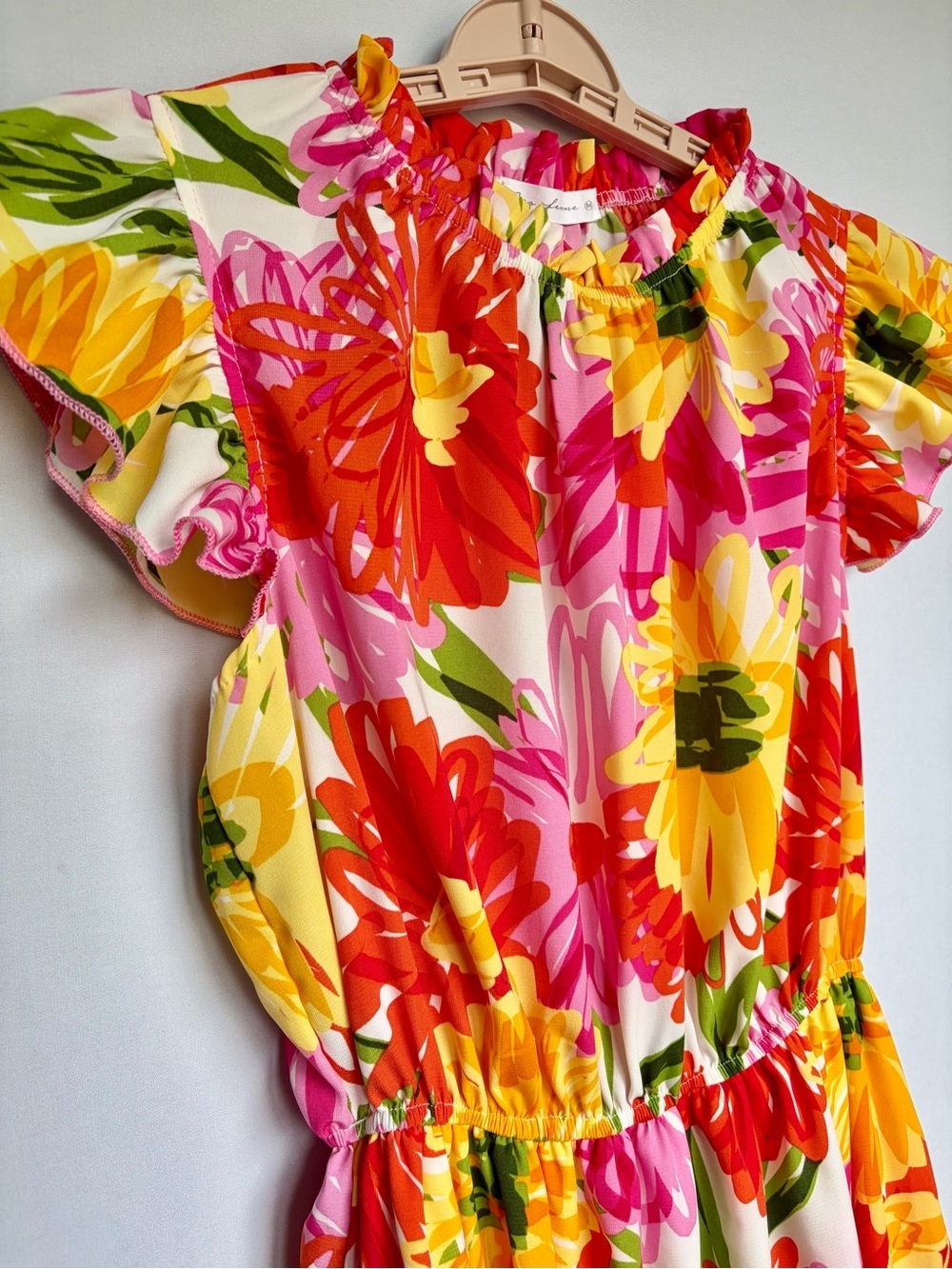 Ces Femme Womens M Bright Floral Dress Flutter Sleeve Tiered Resort - Picture 5 of 15